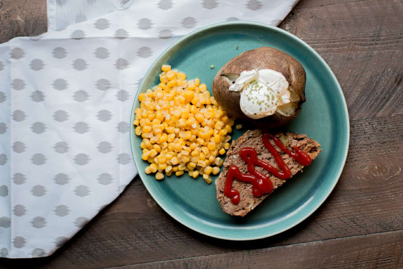 slice of meatloaf, baked potato and corn on teal plate.