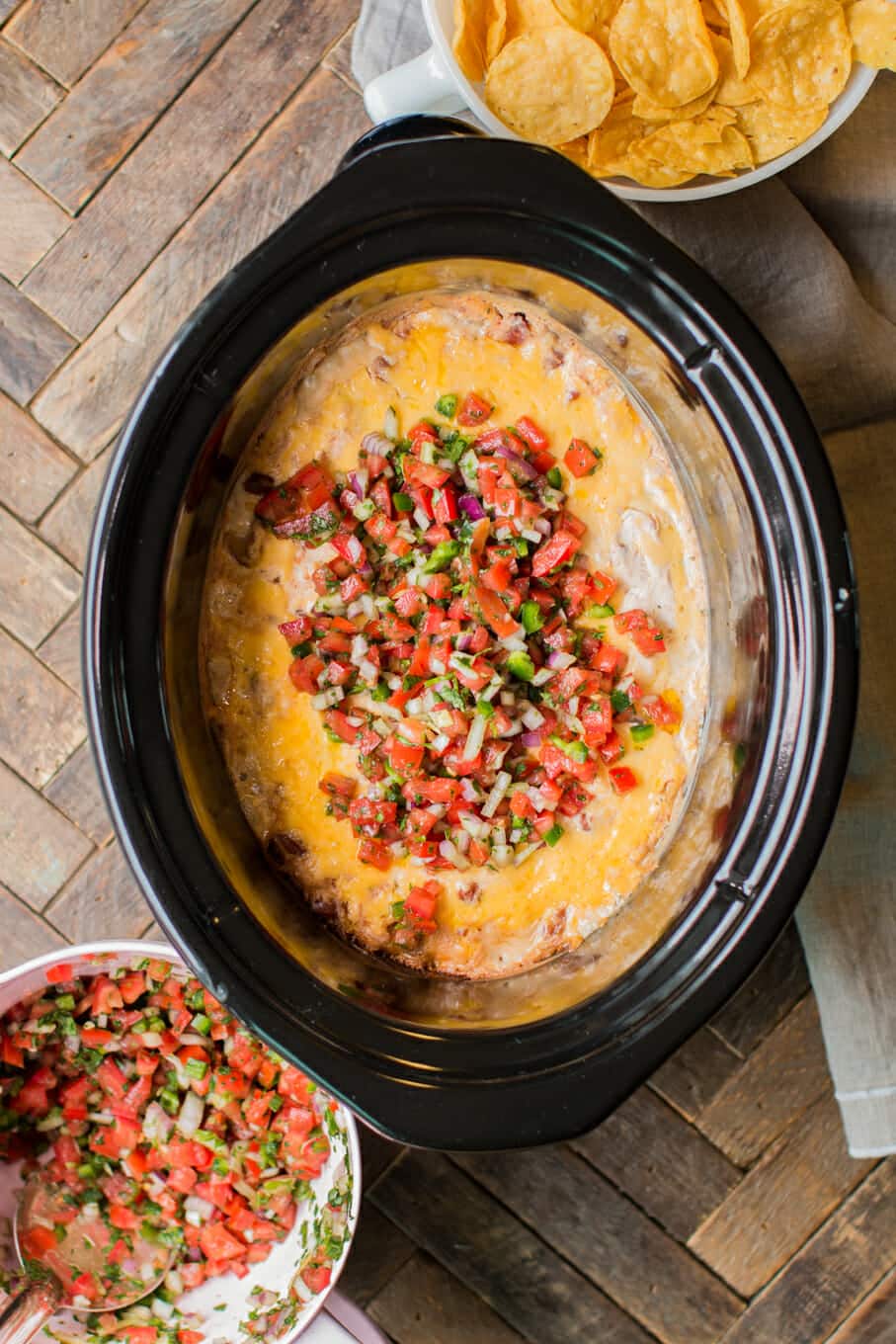 slow cooker with ranch bean dip in it.