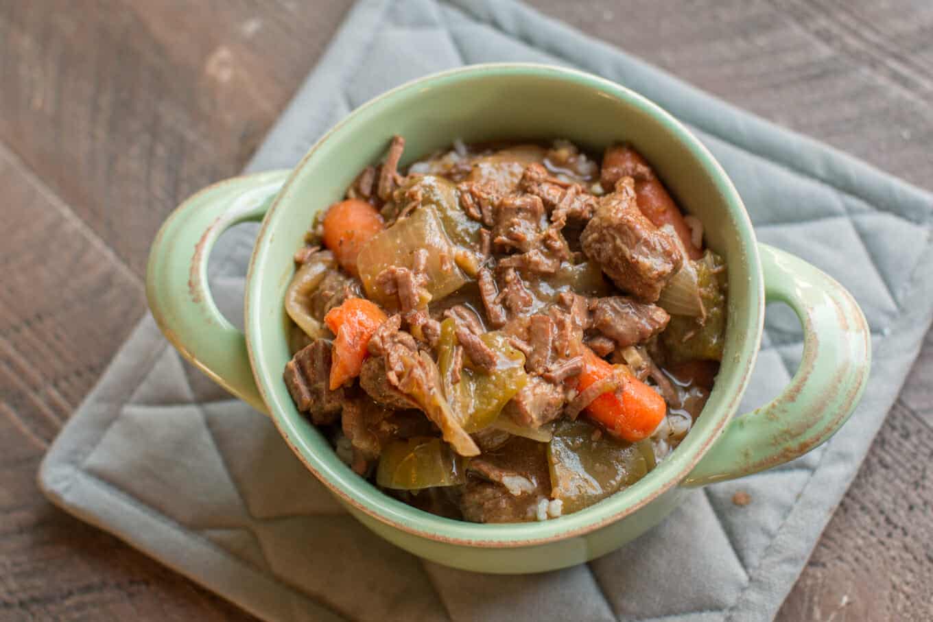 bowl of a1 beef stew in teal bowl