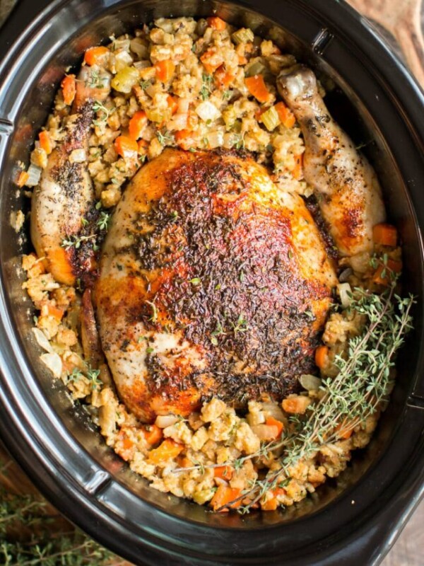 whole chicken and stuffing in slow cooker.