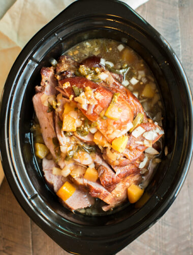ham in slow cooker with sauce, jalapeno and pineapple.