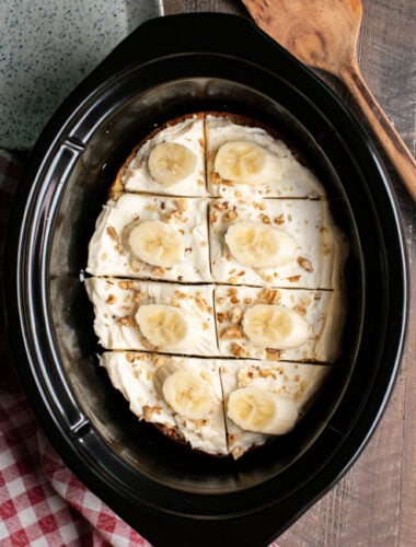 cooled banana cake in slow cooker in 8 slices.