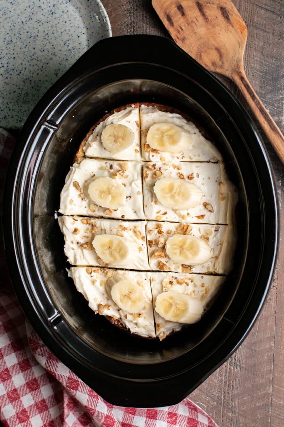 cooled banana cake in slow cooker in 8 slices.