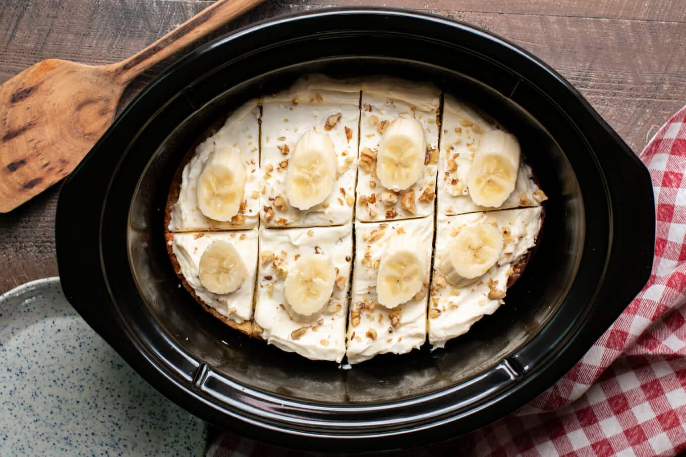 sliced banana nut cake in slow cooker