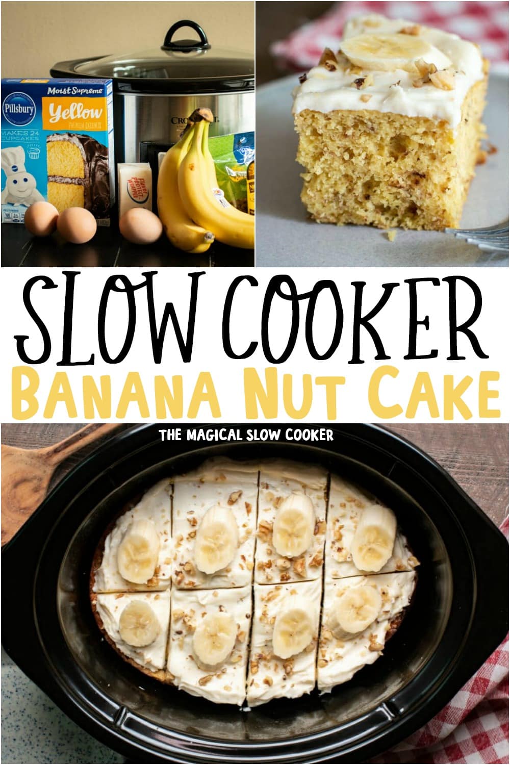collage of photos of banana nut cake with text overlay for pinterest