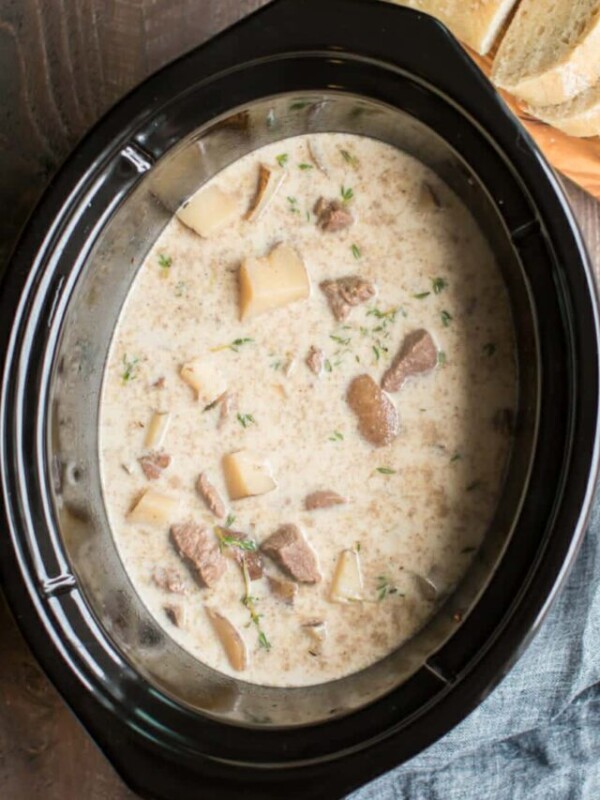 Steak and potato soup in a slow cooker.