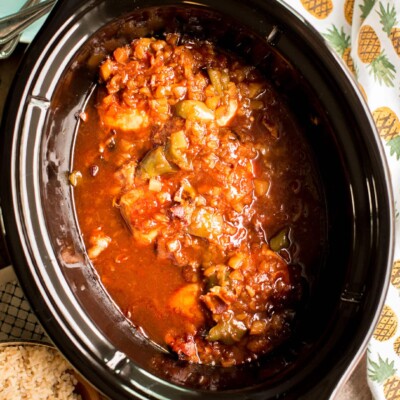 chicken thighs with barbecue sauce and pineapple in slow cooker