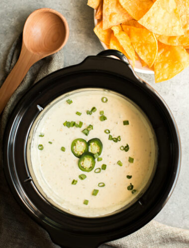 queso verde in slow cooker with chips on the side.