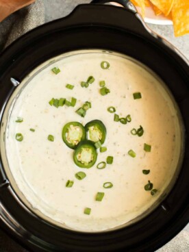 white queso in a round slow cooker