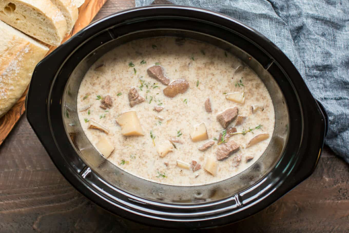 finished cooking steak and potato soup in a slow cooker