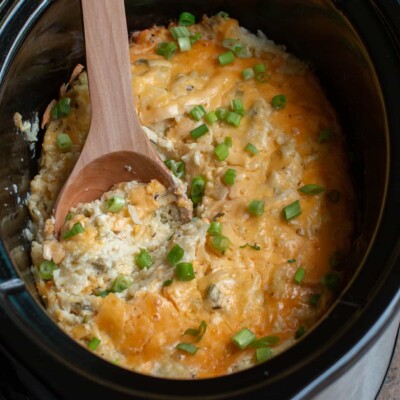cooked cheese potatoes in a slow cooker