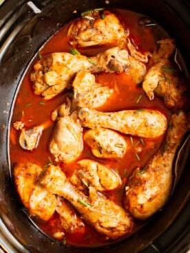 drumsticks in buffalo ranch sauce in slow cooker.