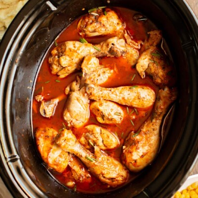 drumsticks in buffalo ranch sauce in slow cooker.