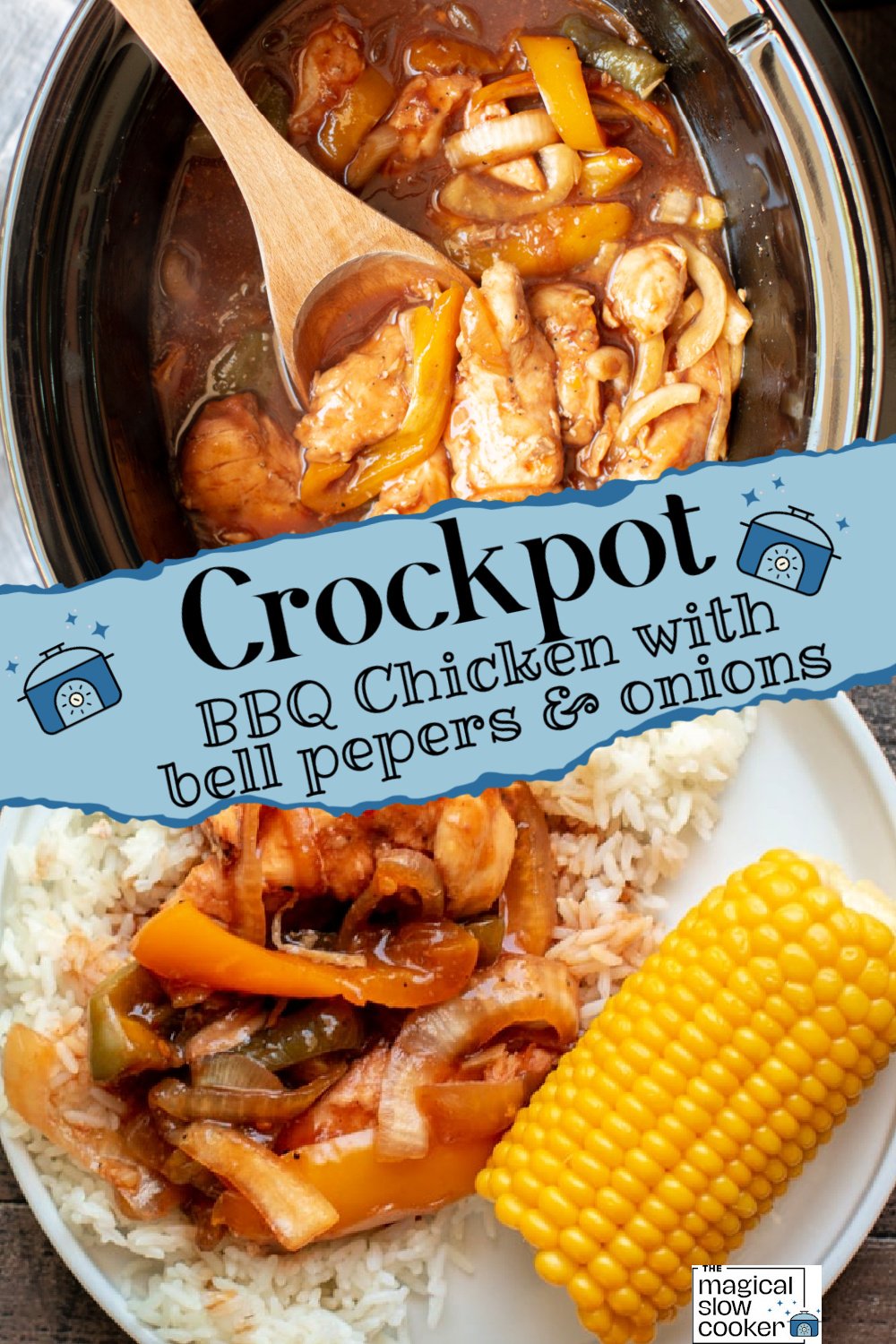 2 images of chicken with bell peppers and onions.