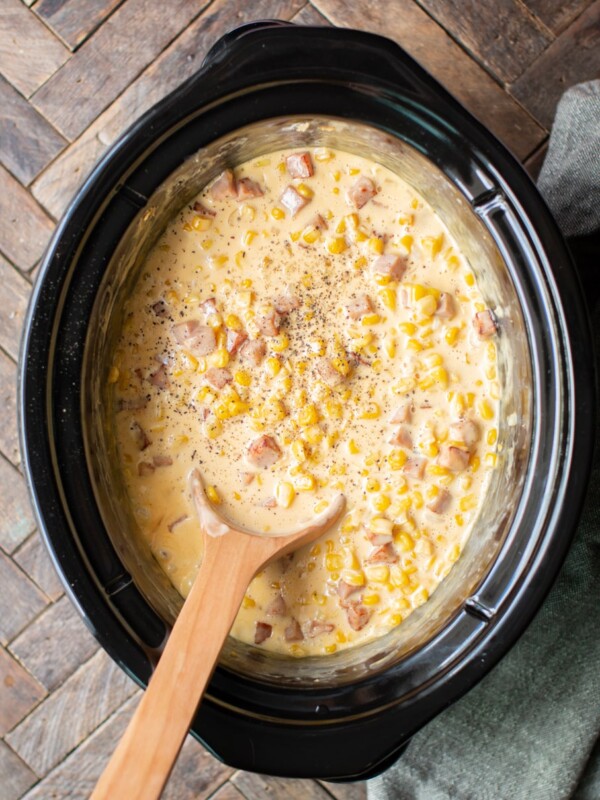 creamy corn with ham in slow cooker