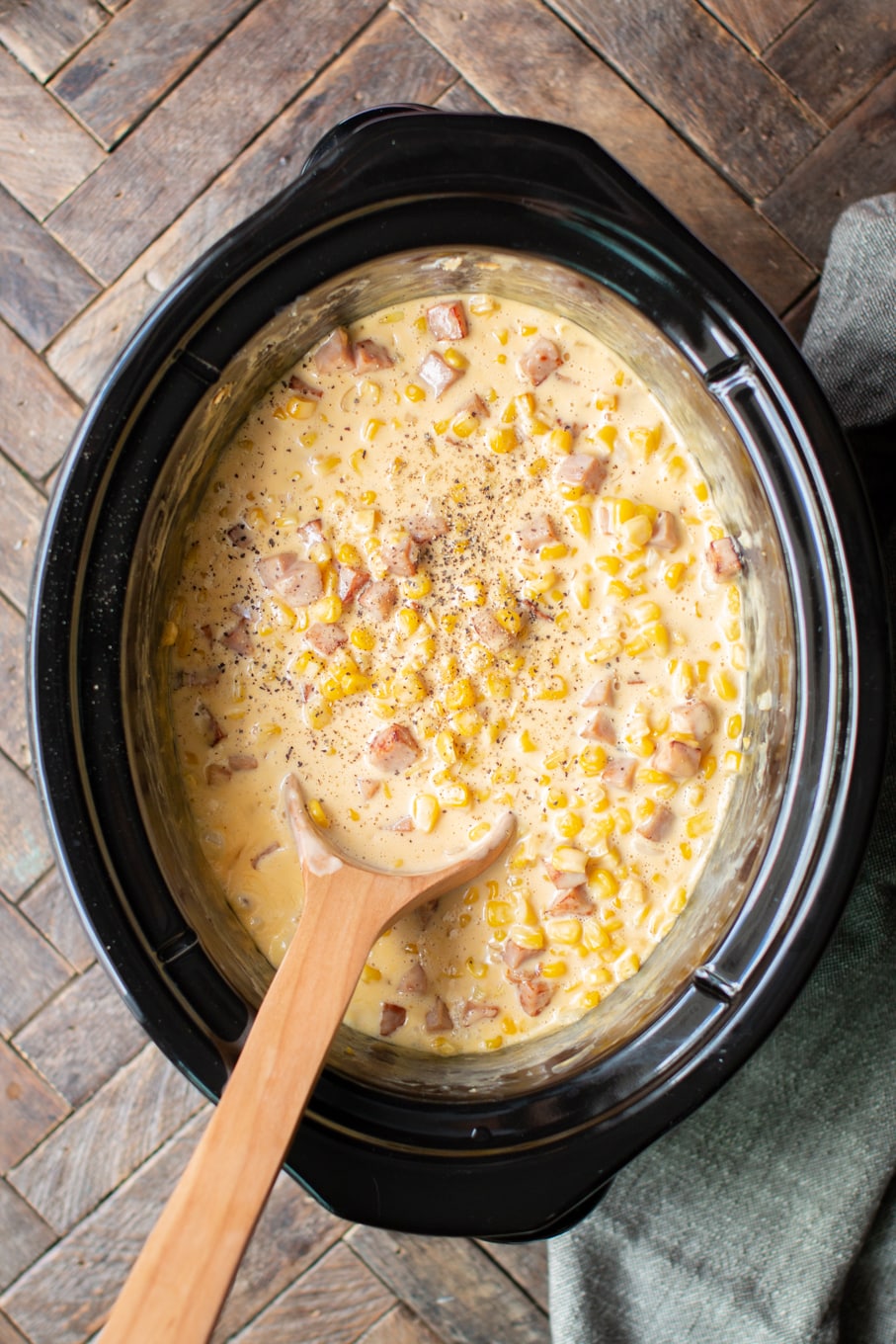 creamy corn with ham in slow cooker