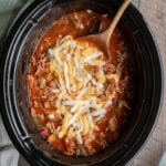 no bean chili in slow cooker with cheese on top in slow cooker