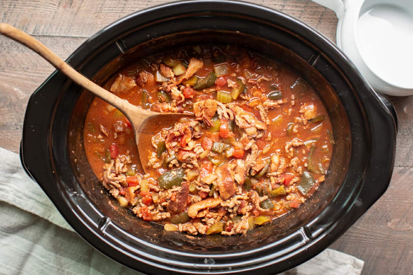 low carb chili done cooking in a slow cooker