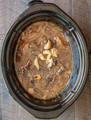 garlic french dip meat in a slow cooker.