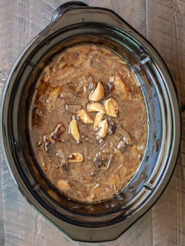 garlic french dip meat in a slow cooker.