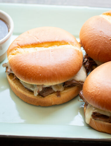 close up of french dip sandwiches.