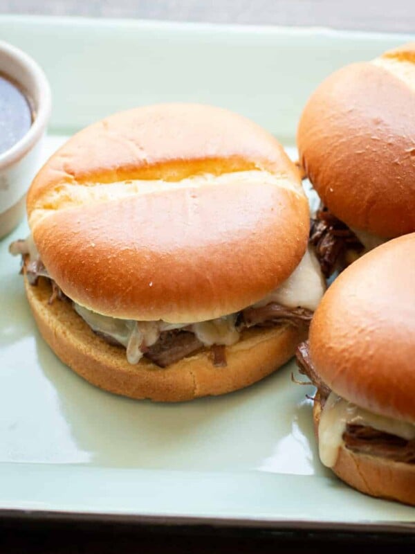 close up of french dip sandwiches.