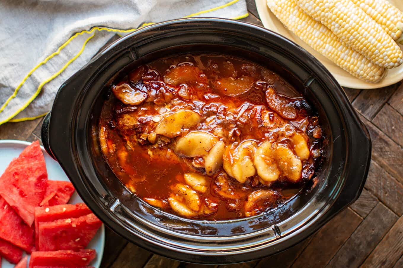 pork loin cooked with apples and barbecue sauce.