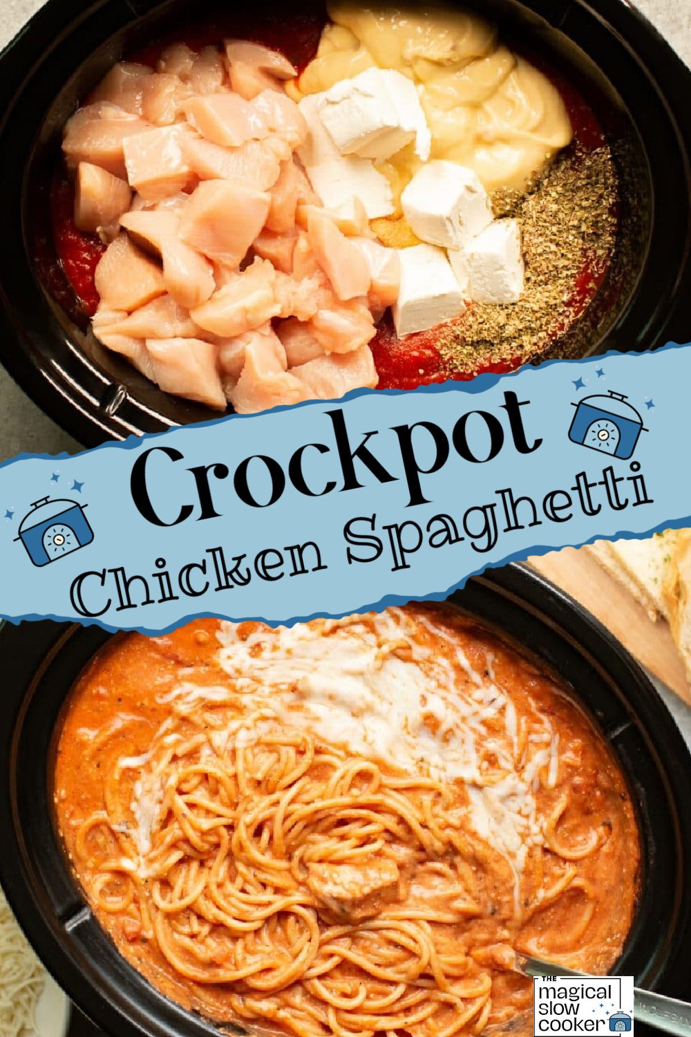 2 images of chicken spaghetti.