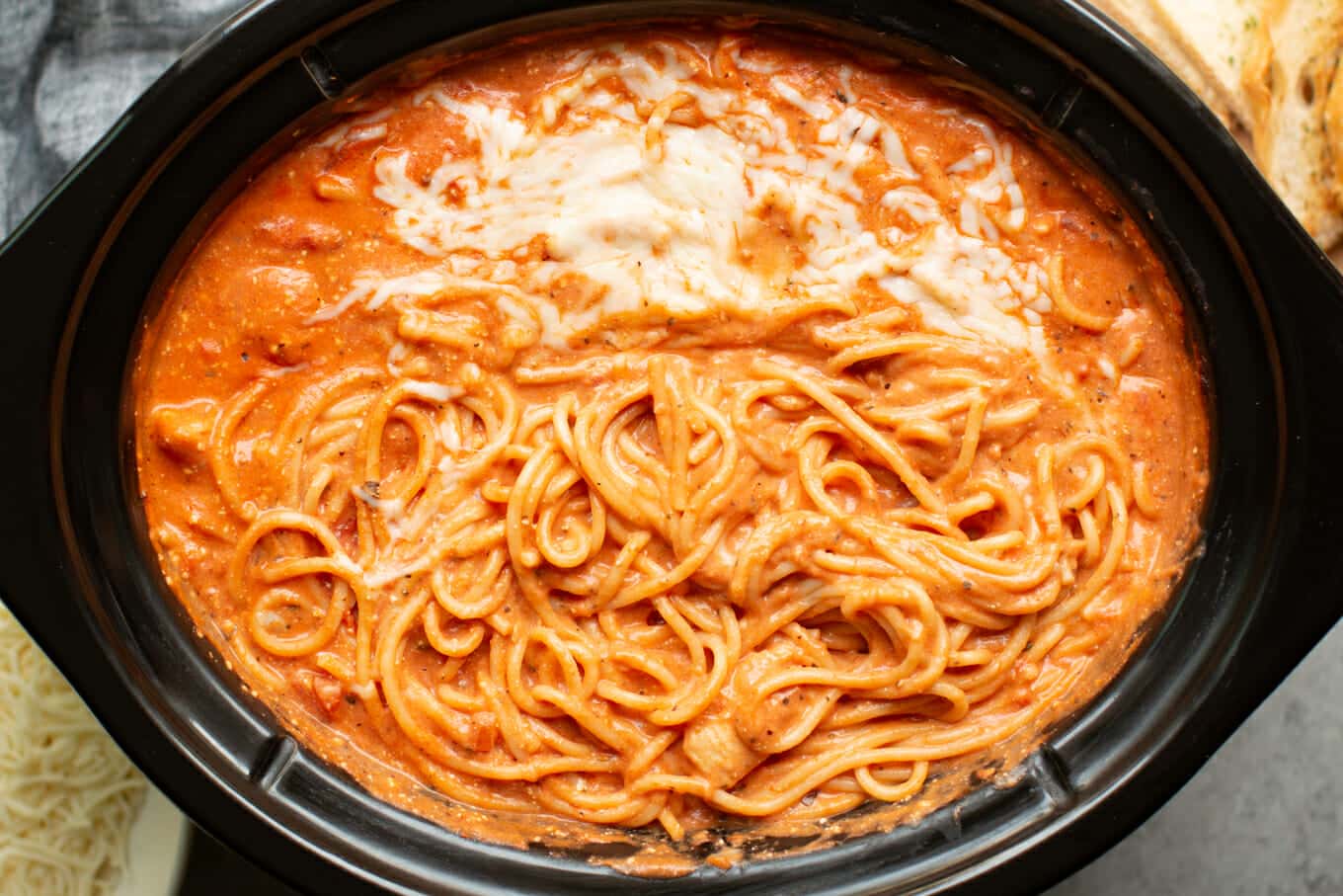 close up of spaghetti in a slow cooker