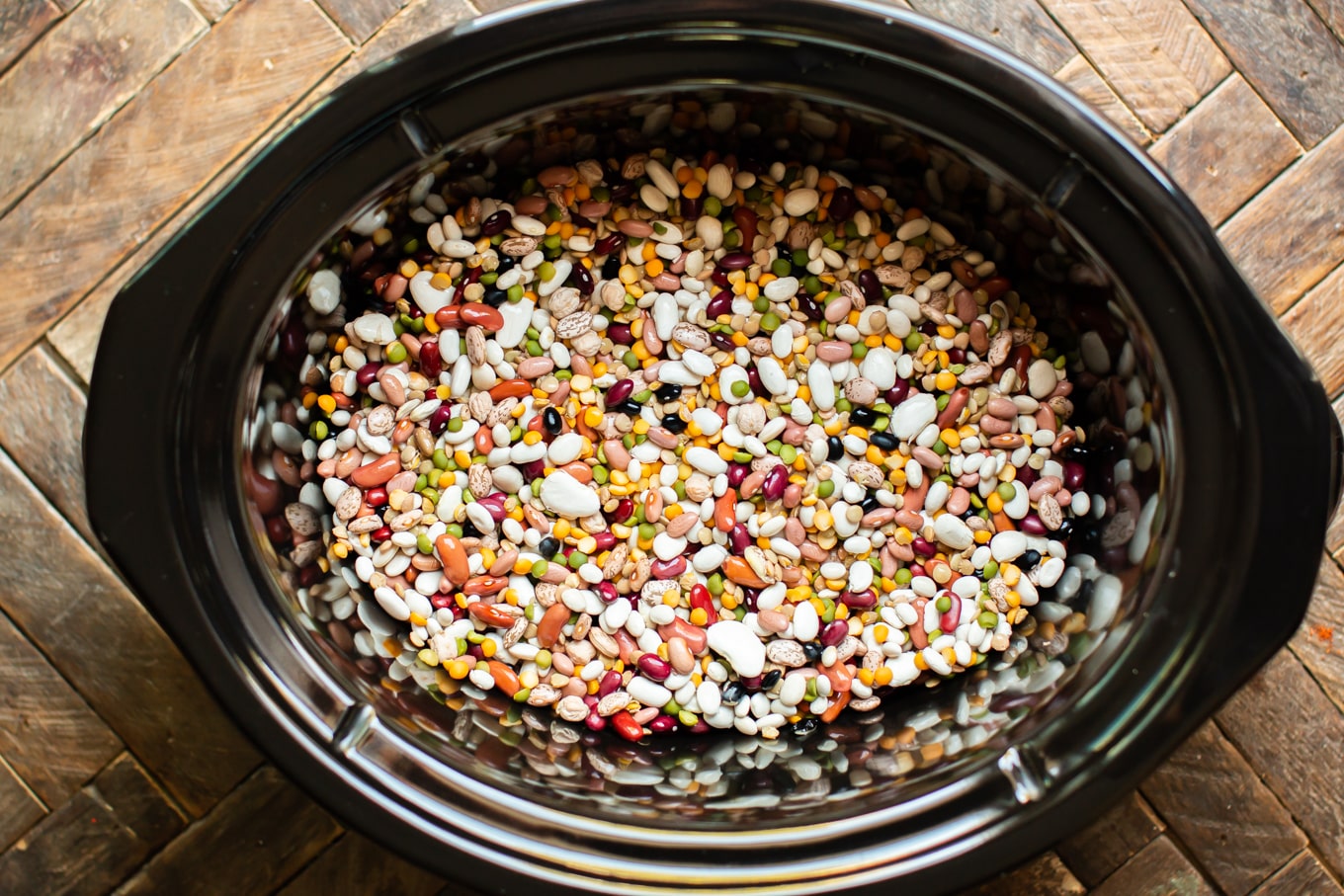15 types of uncooked beans in a slow cooker.