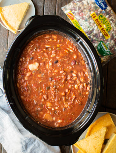 turkey bean soup in a slow cooker with cornbread