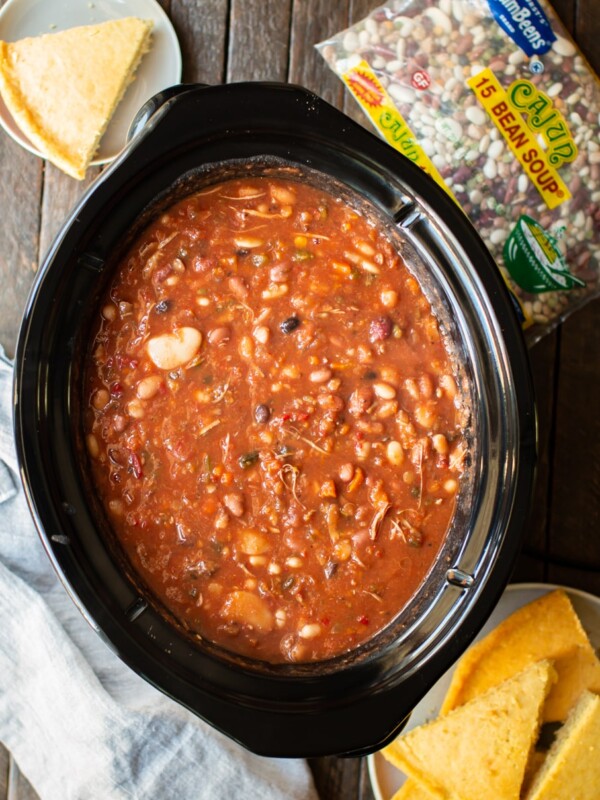 turkey bean soup in a slow cooker with cornbread