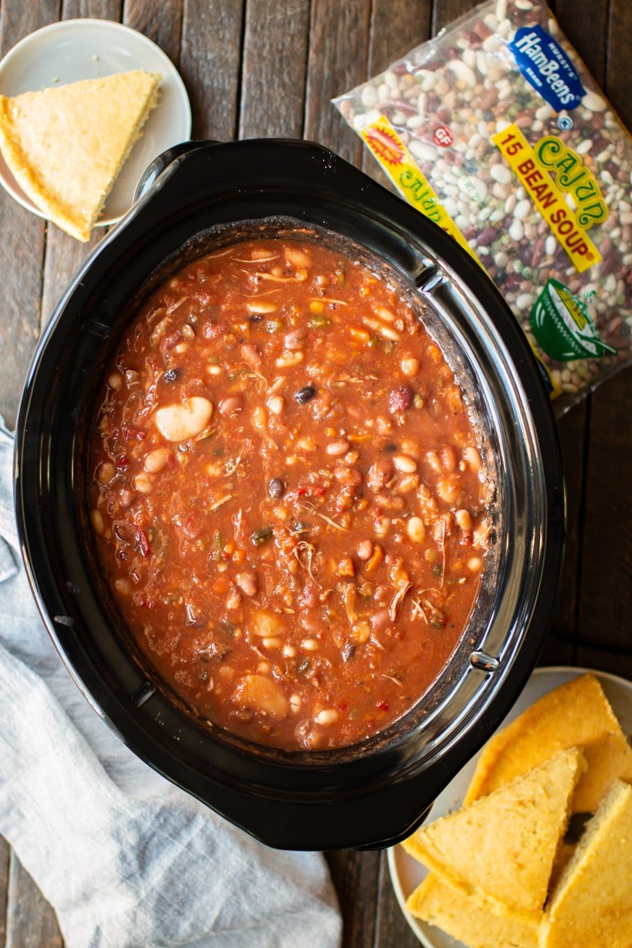 turkey bean soup in a slow cooker with cornbread