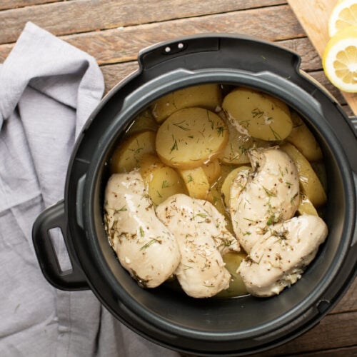 lemon chicken, gold potatoes and dill in a pressure cooker.