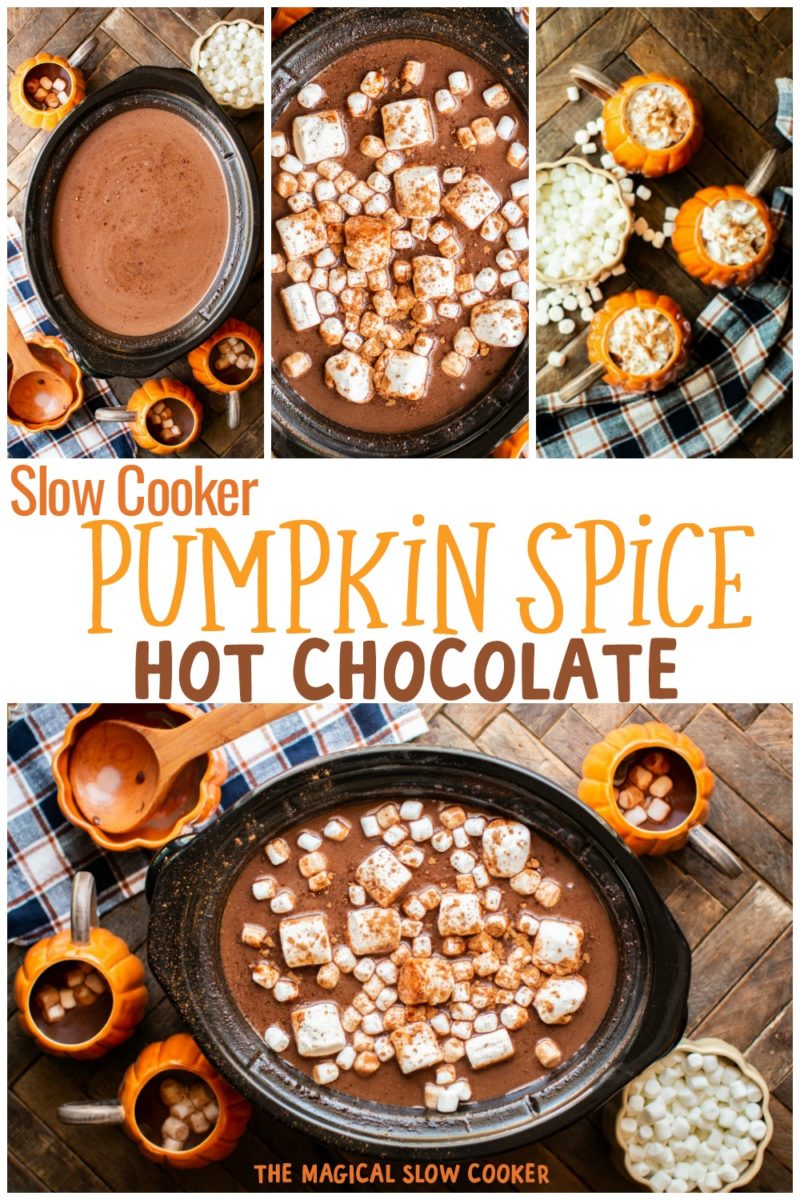 collage of photos of pumpkin spice lattes with text that says Slow Cooker Pumpkin Spice Lattes