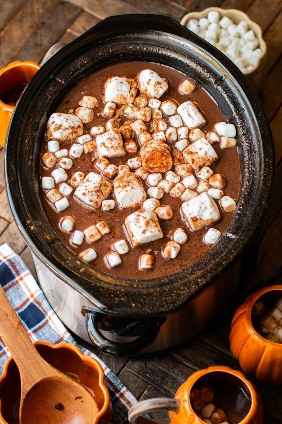 close up of pumpkin hot chocolate in the slow cooker.