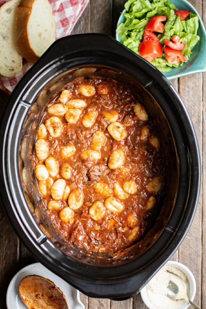shredded beef in marinara with gnocchi in slow cooker