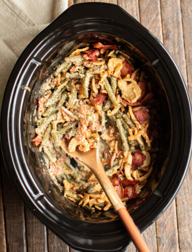 close up of bacon green bean casserole in slow cooker