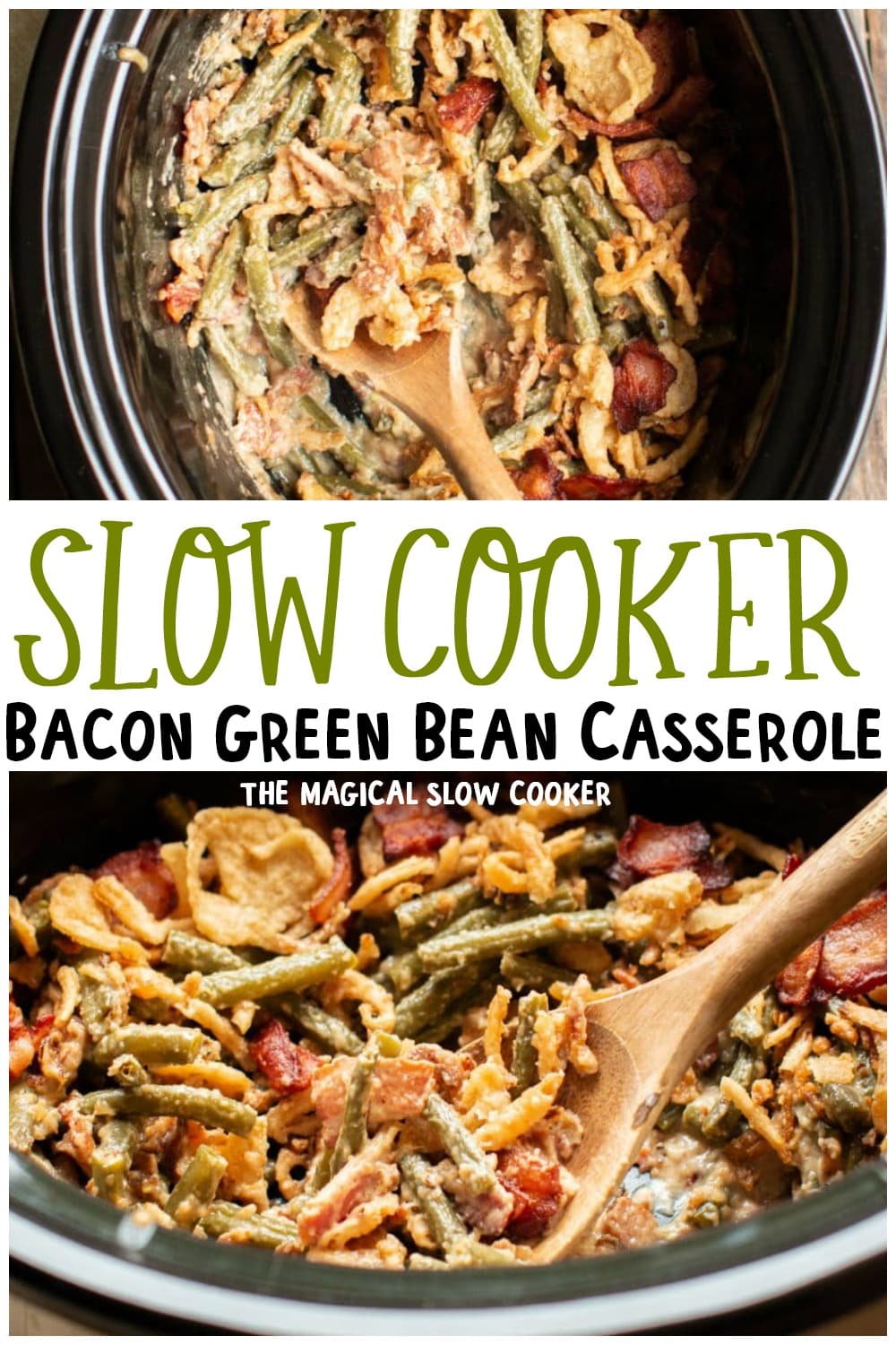 collage of bacon green bean casserole images with text overlay for pinterest