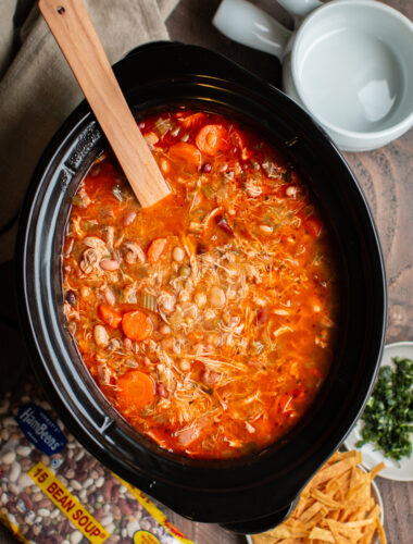 15 bean soup with chicken and buffalo sauce in a slow cooker.