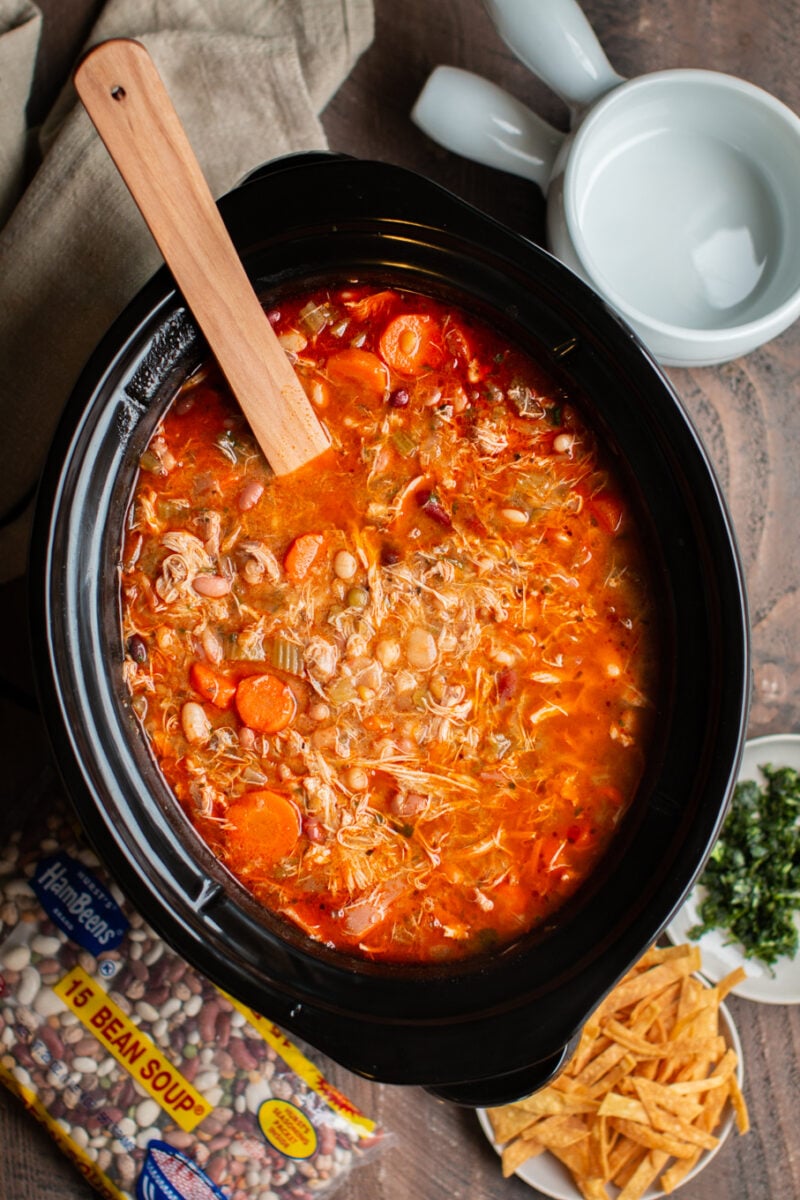 15 bean soup with chicken and buffalo sauce in a slow cooker.