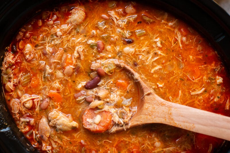 close up of buffalo chicken soup in a slow cooker.