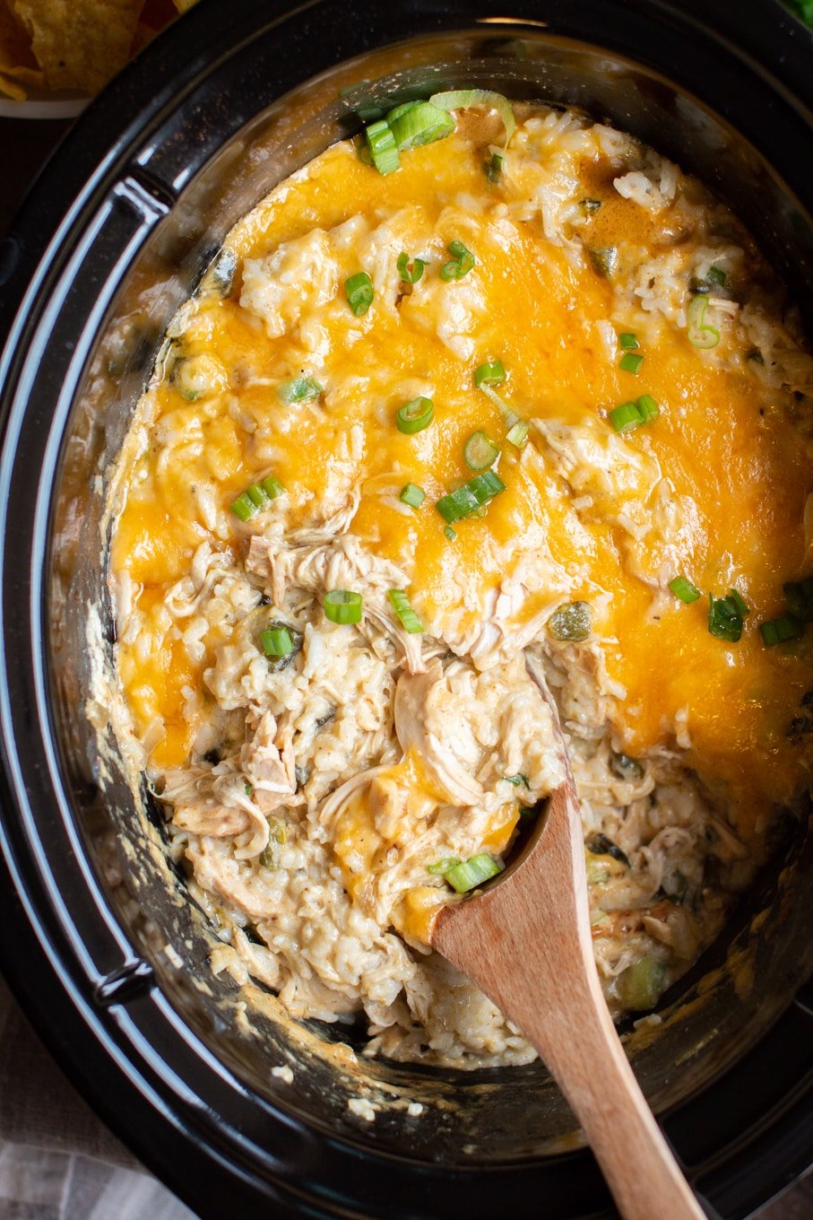 close up of rice and chicken casserole in a slow cooker.