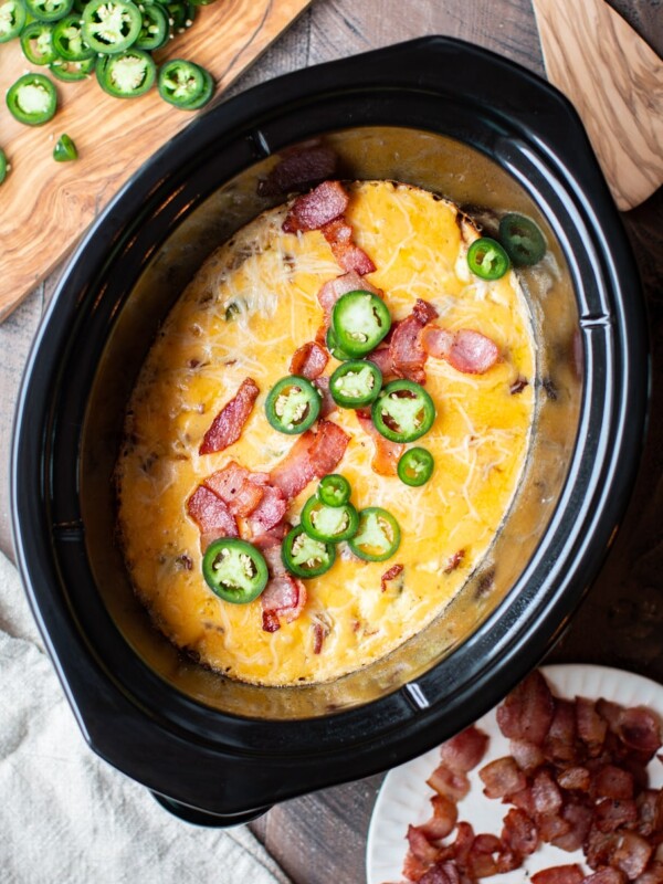 egg jalapeno bacon quiche cooked in a slow cooker.
