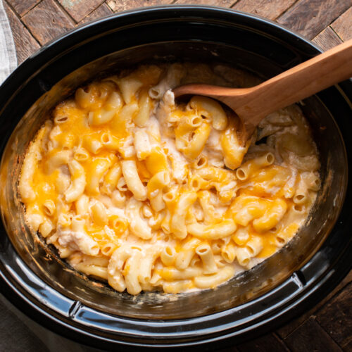 Mac and cheese cooked in a slow cooker.