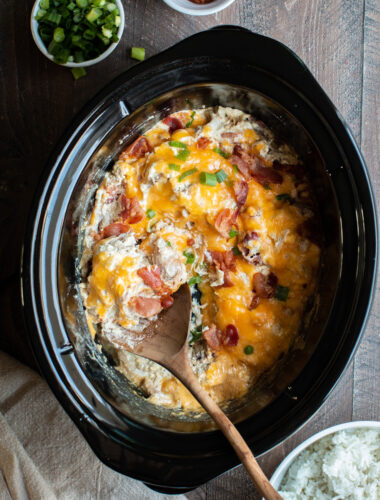 shredded creamy chicken with bacon and cheese on top.