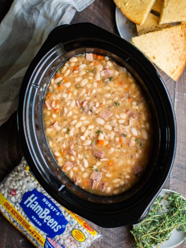 cooked ham and beans done cooking in the slow cooker
