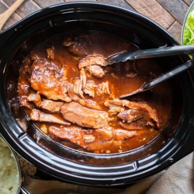 Country-style ribs in sweet and sour sauce in the slow cooker.
