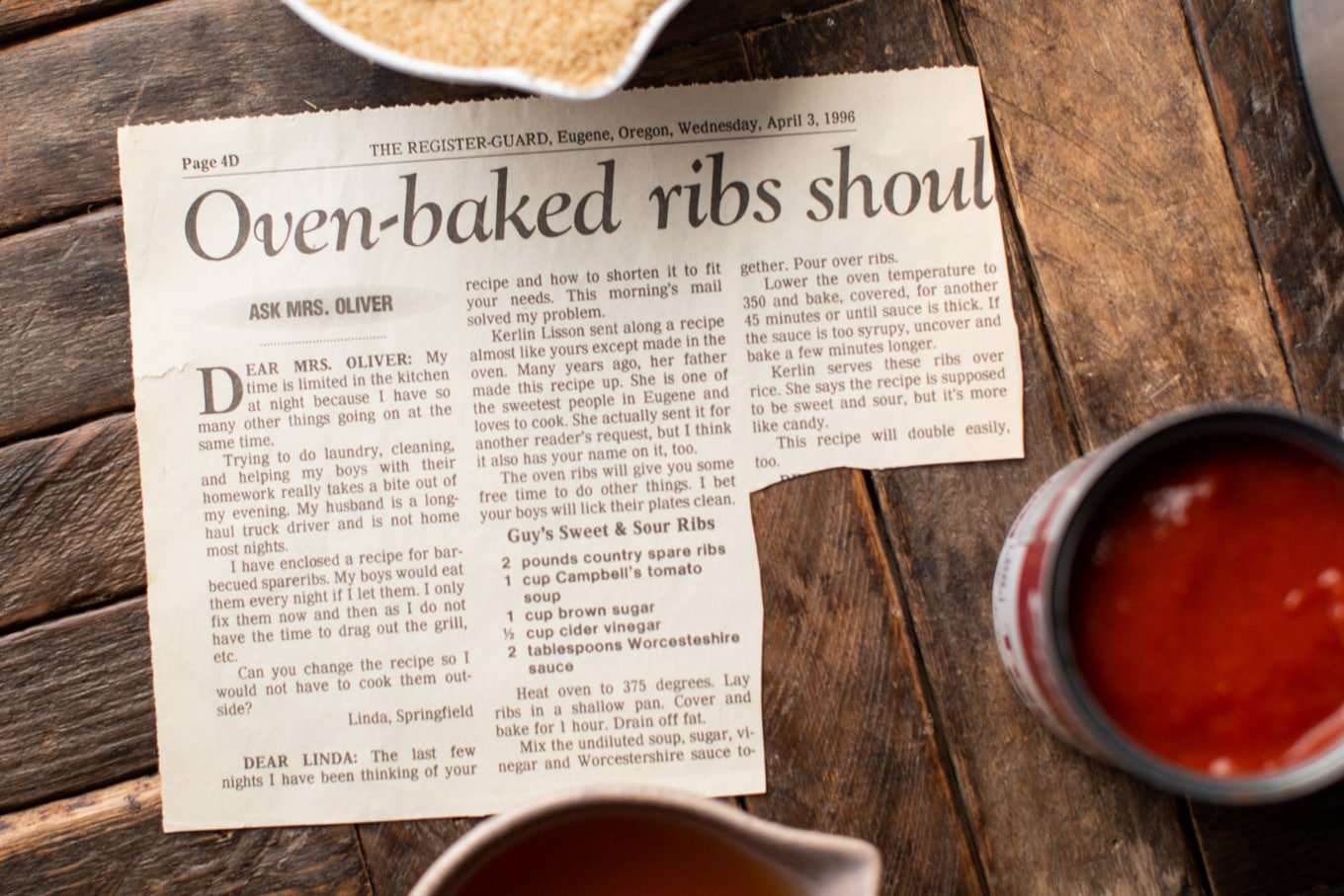 newspaper clipping of oven baked sweet and sour ribs.