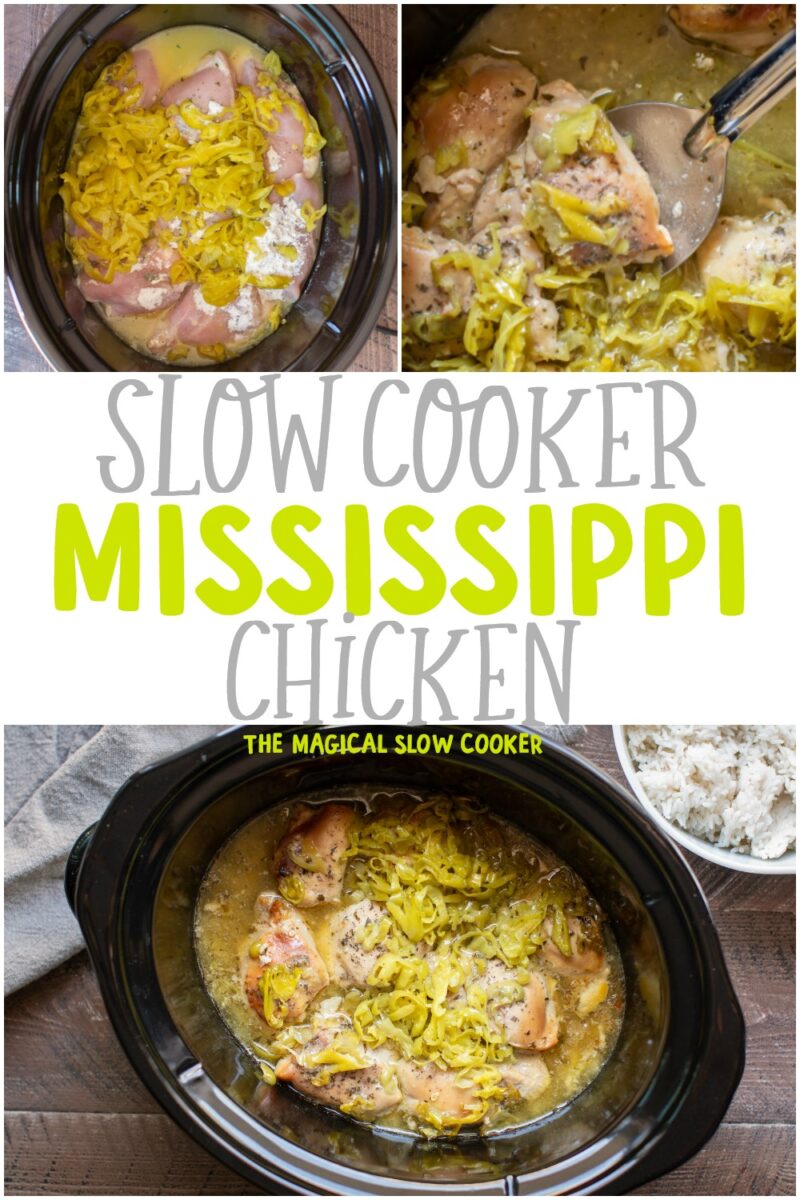 collage of photos of mississippi chicken with text overlay that says: Slow Cooker Mississippi Chicken